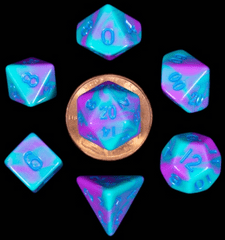 Mini Polyhedral Dice Set: Purple/Teal w/Blue Numbers